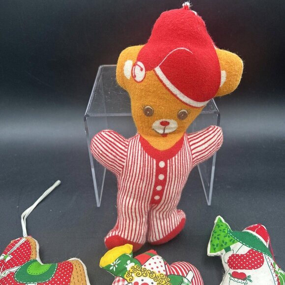 1970s / 80s Stuffed Sewn Christmas Decor, Ornaments, Bear, Stocking, Folk Art - Picture 5 of 10